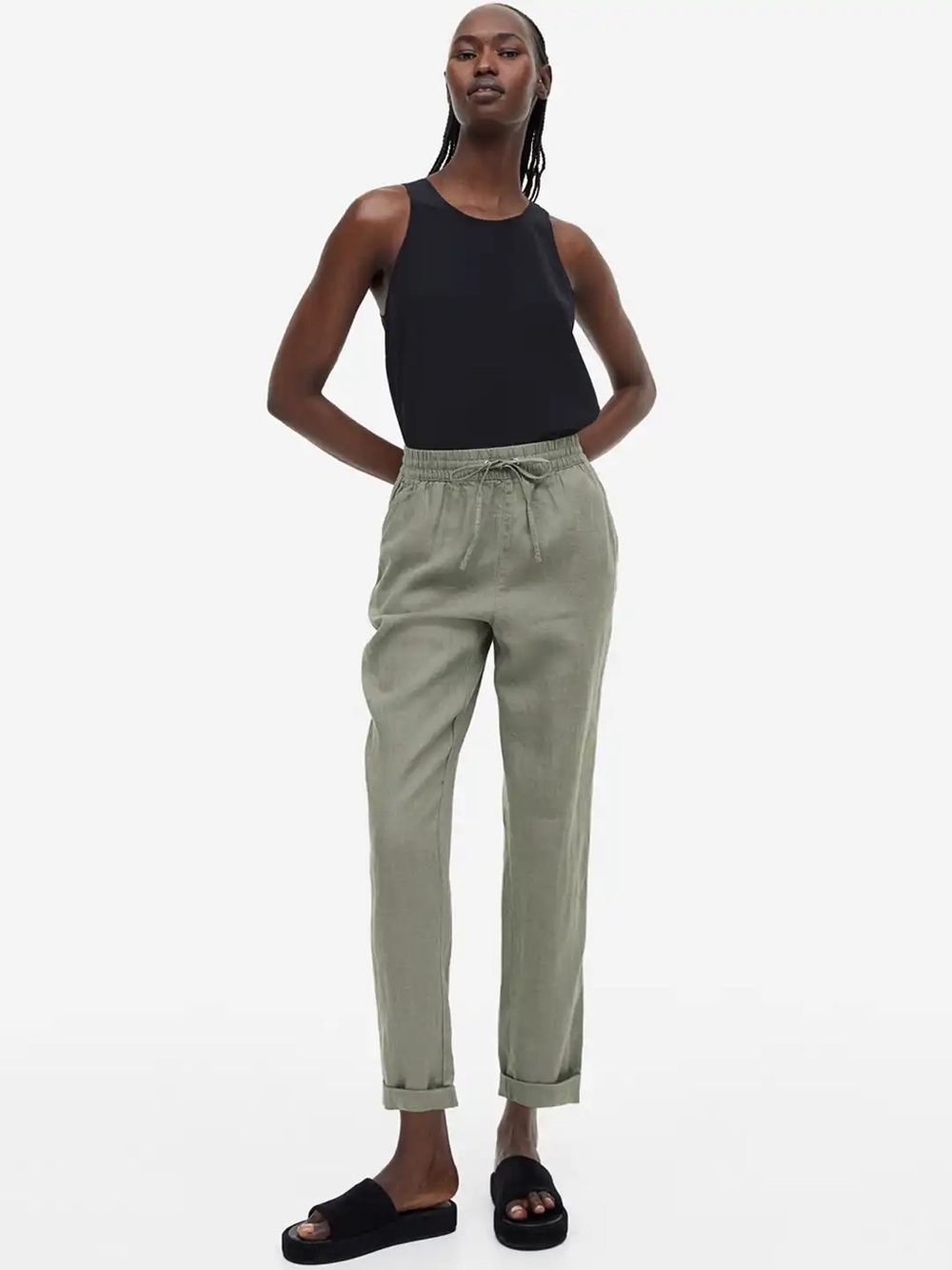 H&M Olive Drawstring Linen-Blend Track Pants